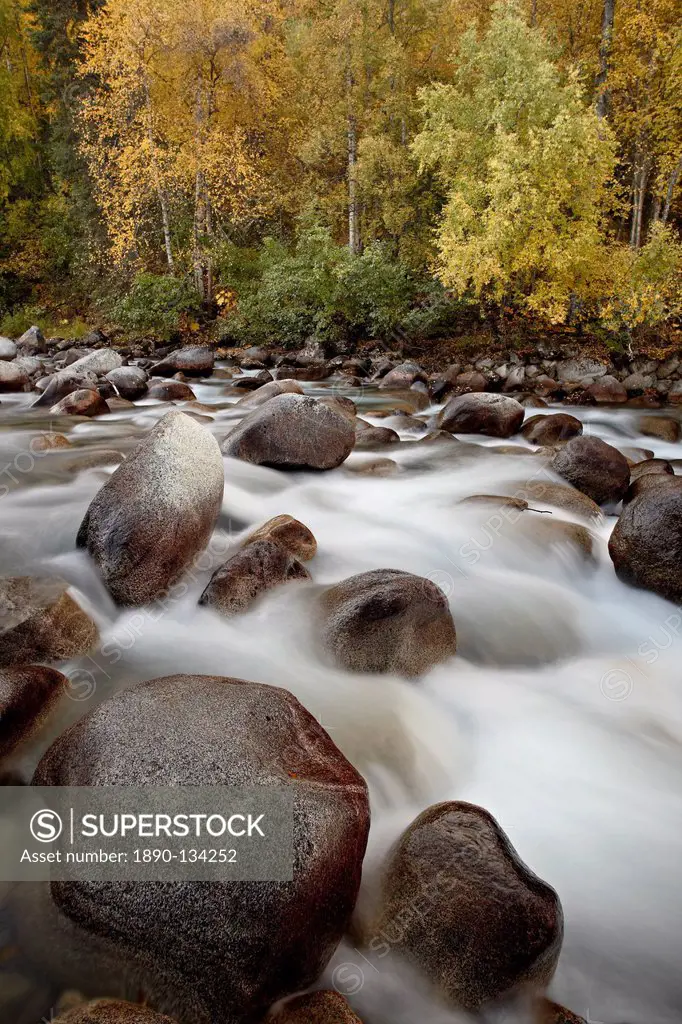 Cascades on the Little Susitna River with fall colors, Hatcher Pass, Alaska, United States of America, North America