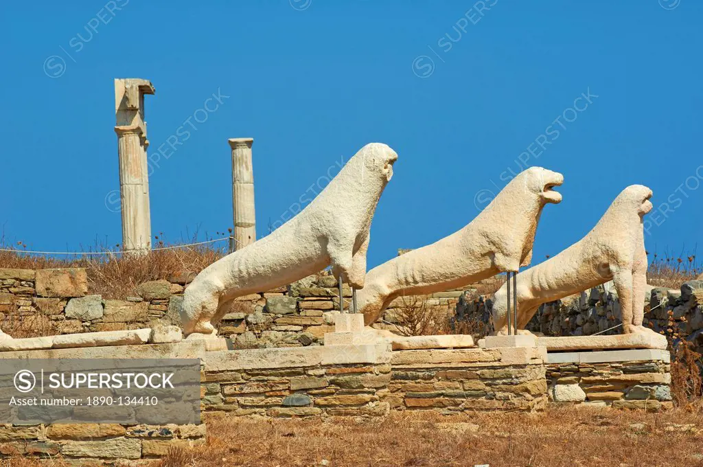 Statues on the Lion Terrace, Delos, UNESCO World Heritage Site, Cyclades Islands, Greek Islands, Greece, Europe