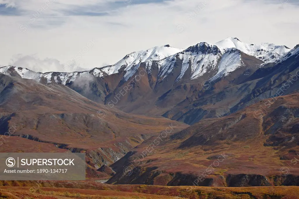 Snow_capped mountains and tundra in fall color, Denali National Park and Preserve, Alaska, United States of America, North America