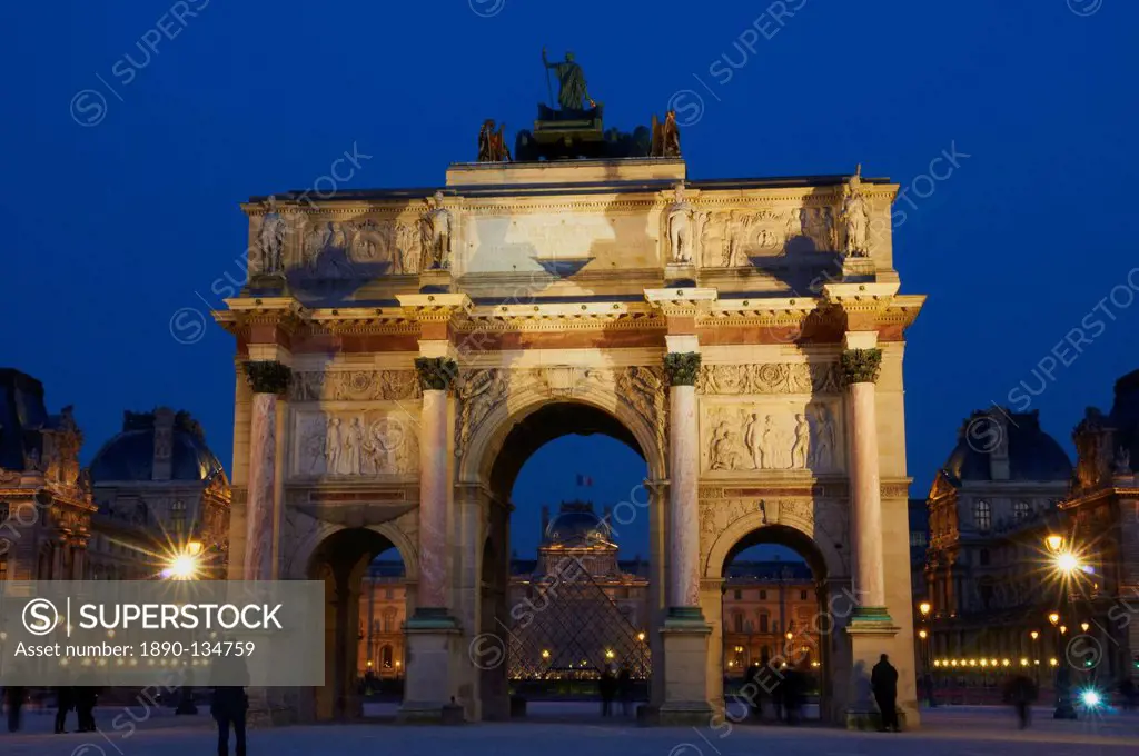 Arc du Carrousel, Place du Carrousel, with Louvre in the background at night, Paris, France, Europe