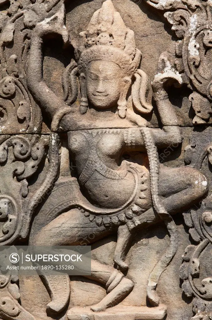 Detail of Apsara relief sculpture, Bayon temple, dating from the 13th century, Angkor, UNESCO World Heritage Site, Siem Reap, Cambodia, Indochina, Sou...