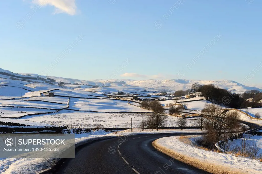 Snow covered winter landscape, Wensleydale, Yorkshire Dales National Park, North Yorkshire, England, United Kingdom, Europe