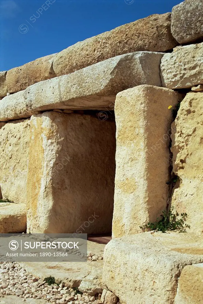 Trilithon doorway, main entrance to megalithic temple dating from around 3000 BC, Hajar Qim Hagar Qim, UNESCO World Heritage Site, Malta, Europe