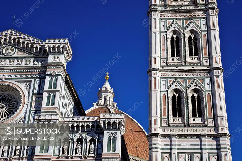 Campanile di Giotto, Belltower and the Dome of Brunelleschi of the Duomo, Santa Maria del Fiore, Florence, UNESCO World Heritage Site, Tuscany, Italy,...