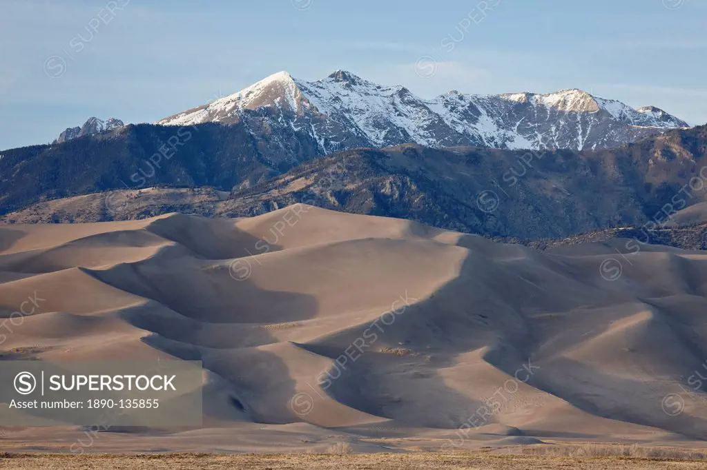 Great Sand Dunes and mountains with snow, Great Sand Dunes National Park and Preserve, Colorado, United States of America, North America