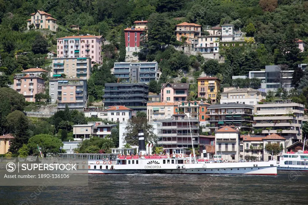 Paddleboat on lake, Como, Lake Como, Lombardy, Italian Lakes, Italy, Europe