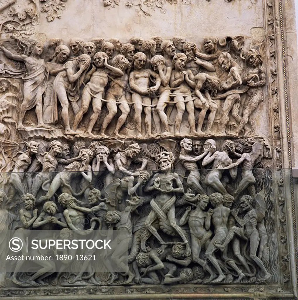 Bas reliefs of episodes from the Testament by Martini and pupils dating from the 14th century, Orvieto Cathedral, Orvieto, Umbria, Italy, Europe