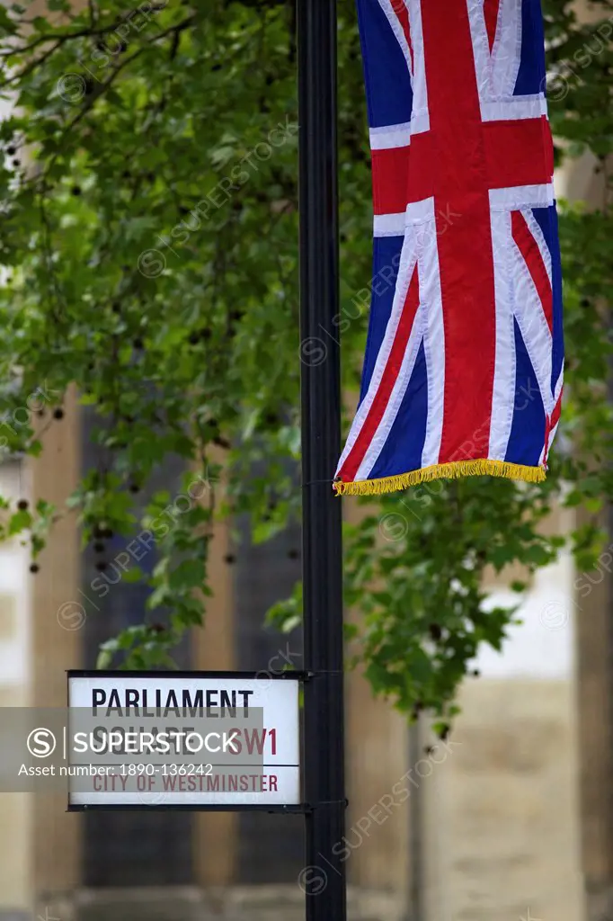 Union jack flag flies in Parliament Square, outside Westminster Abbey, during the marriage of Prince William to Kate Middleton, 29th April 2011, Londo...