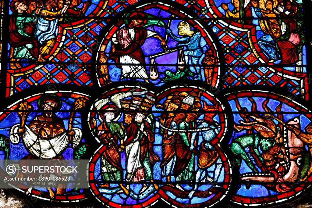 Stained glass of the Last Judgment in Bourges cathedral, Bourges, Cher, France, Europe