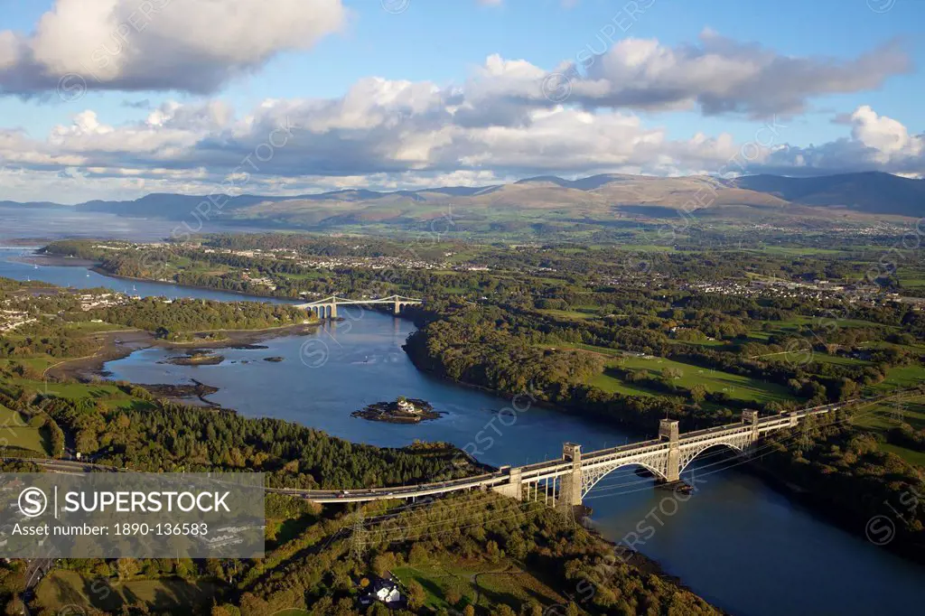 Aerial view of Britannia Bridge and the Menai Bridge, Menai Strait, Gwynedd, North Wales, Wales, United Kingdom, Europe