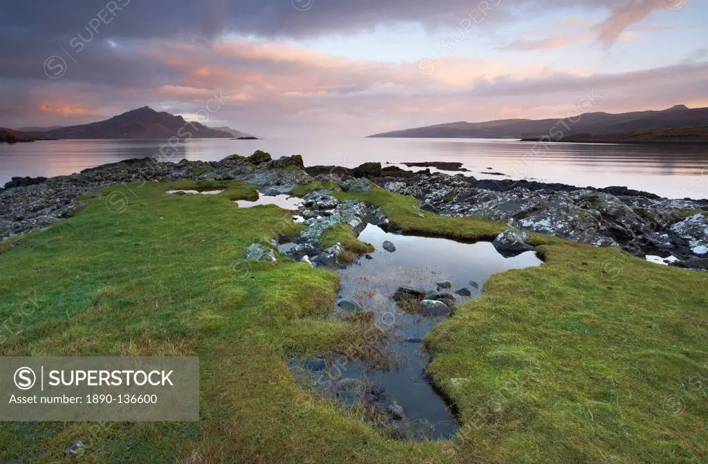 View from Balmeanach in the Braes on the Isle of Skye looking across the Sound of Raasay to the distinctive mountain Ben Tianavaig with the island of ...