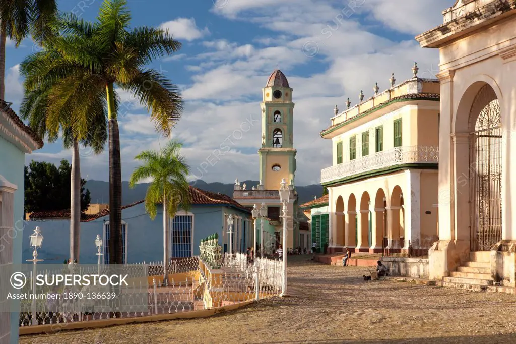 View across Plaza Mayor towards the tower of Iglesia y Convento de San Francisco, Trinidad, UNESCO World Heritage Site, Cuba, West Indies, Central Ame...