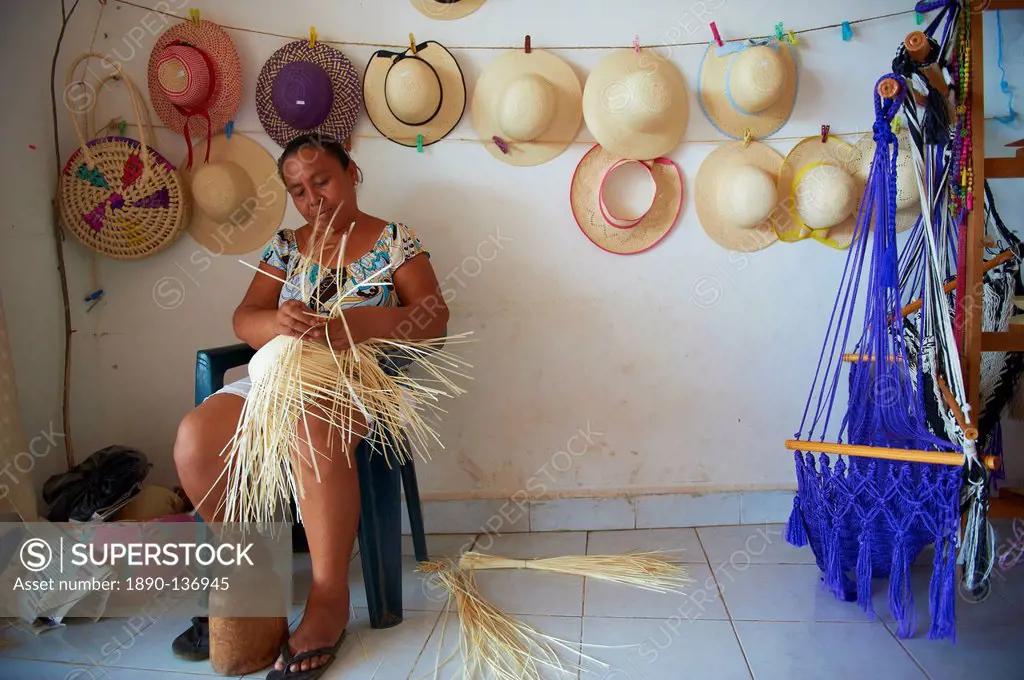 Maya woman making Panama hat, Becal, Campeche state, Mexico, North America