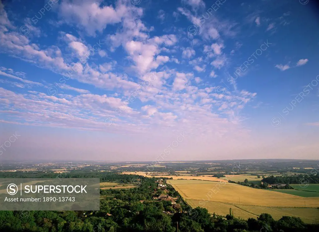 View from Whitehorse Hill on the North Downs near Maidstone, of Trottiscliffe village and the Weald of Kent, Kent, England, United Kingdom, Europe