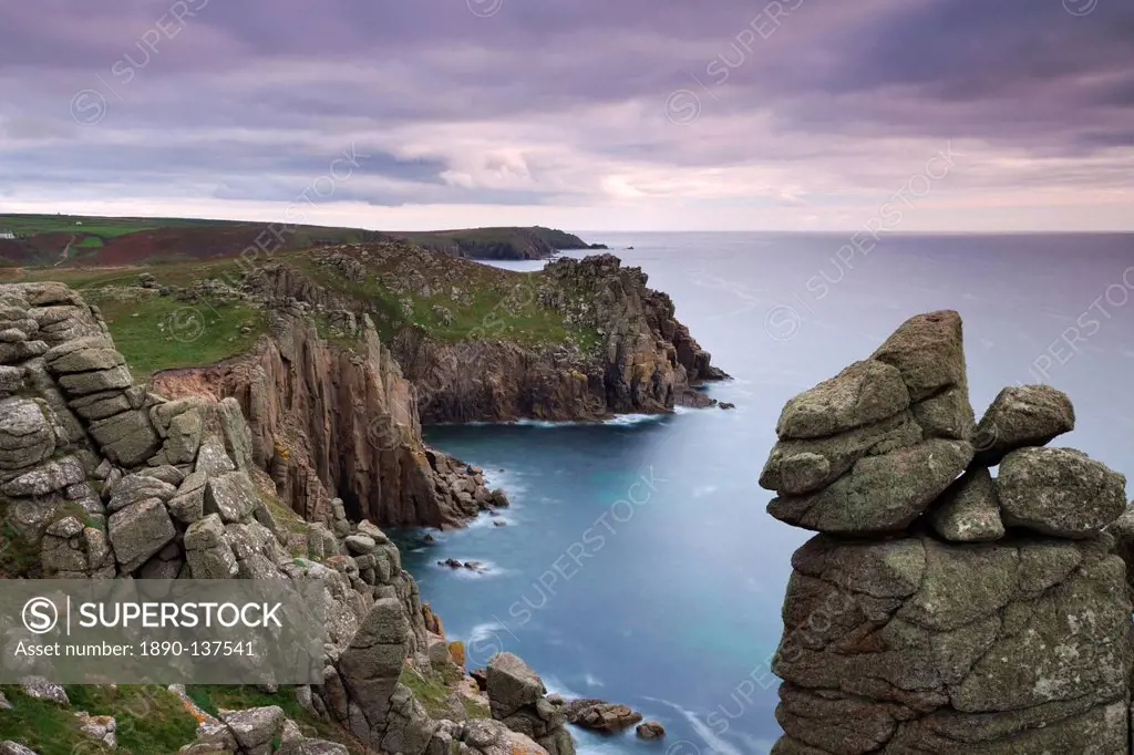 Looking across Zawn Trevilley from the clifftops at Pordenack Point towards Carn Boel, Land´s End, Cornwall, England, United Kingdom, Europe