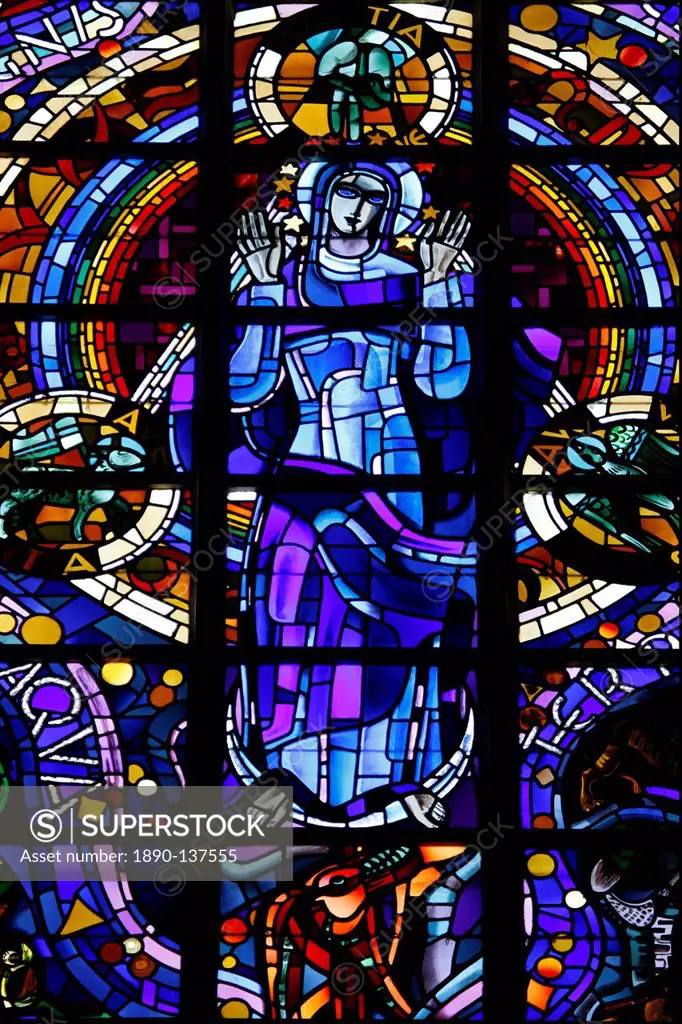 Stained glass of the Virgin Mary in Notre_Dame_de_la_Trinite church by Louis Barillet and Jean Le Chevallier, Blois, Loir_et_Cher, France, Europe
