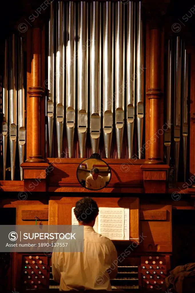 Organ being played during the Catholic Mass, Shrine of Our Lady of la Salette, Toulon, Var, Provence, France, Europe
