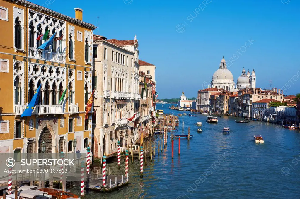 The Grand Canal and the Church of Santa Maria della Salute in the distance, viewed from the Academia Bridge, Venice, UNESCO World Heritage Site, Venet...