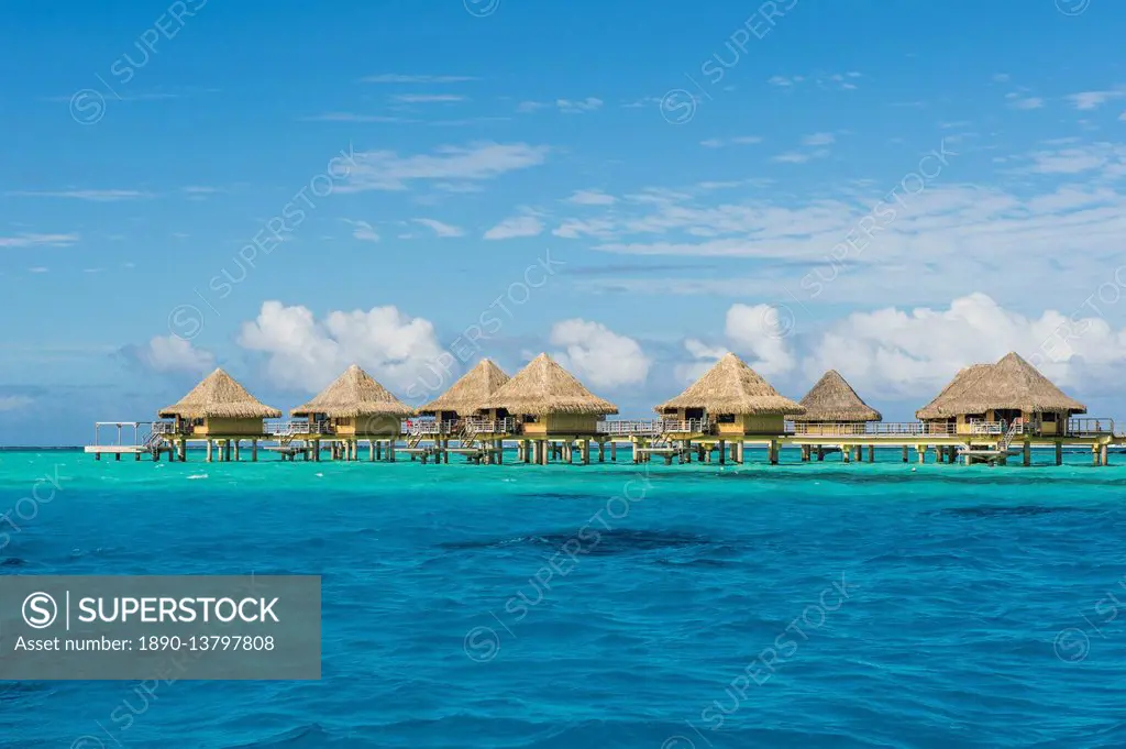Overwater bungalows in luxury hotel in Bora Bora, Society Islands, French Polynesia, Pacific