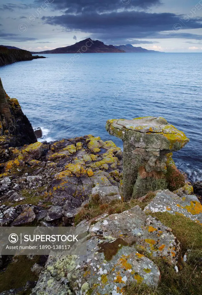 A view from the headland at the Braes villages, looking along the Sound of Raasay towards the mountain Ben Tianavaig, Isle of Skye, Scotland, United K...