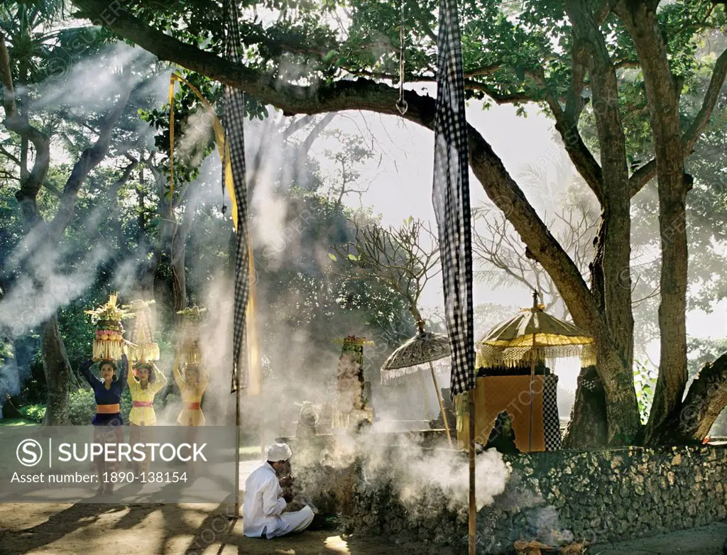 Balinese priest performing a ritual at a small shrine, Bali, Indonesia, Southeast Asia, Asia