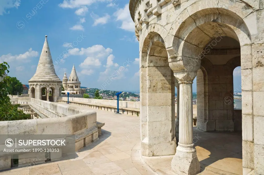 Towers and conical turrets of the neo_romanesque Fishermen´s Bastion, built by Frigyes Schulek in 1895, Budapest, Hungary, Europe