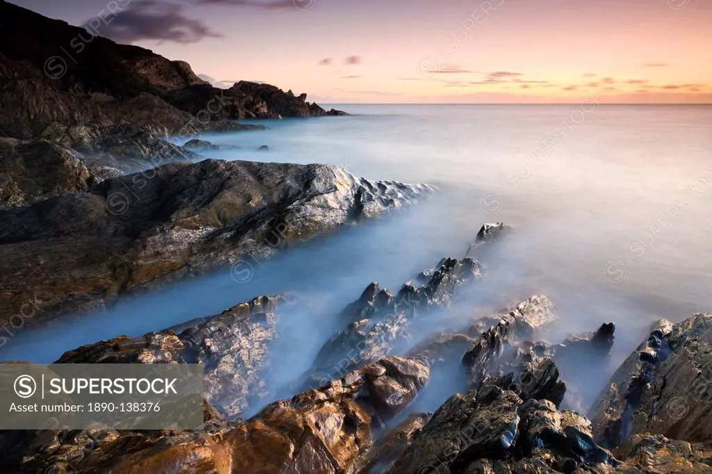 Rocky coast at sunset in winter, Leas Foot Sand, Thurlestone, South Hams, Devon, England, United Kingdom, Europe