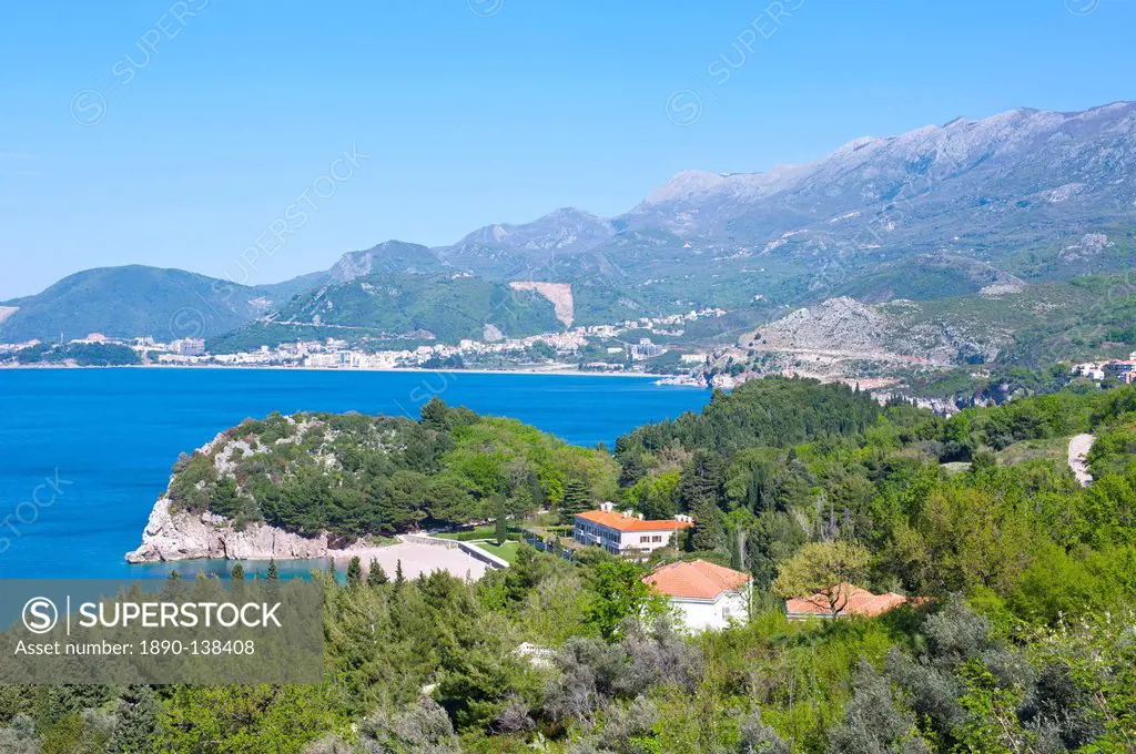 View of the coast from Sveti Stefan, seaside resort in western Montenegro, Europe