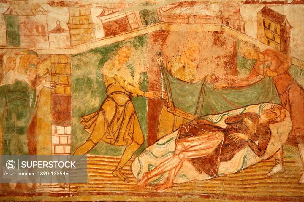 Nave vault painting of Old Testament scene involving Noah, Abbey Church of Saint__Savin sur Gartempe, Saint_Savin, Vienne, Poitou_Charentes, France, E...