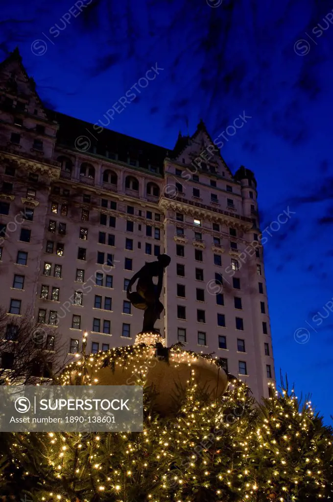 Christmas lights around the fountain in front of the Plaza Hotel in New York City, New York State, United States of America, North America
