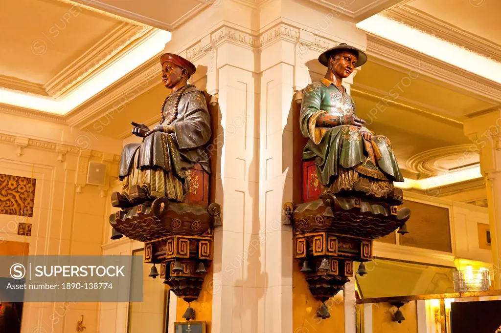 The two statues that gave Les Deux Magots Cafe its name, Saint_Germain_des_Pres, Left Bank, Paris, France, Europe