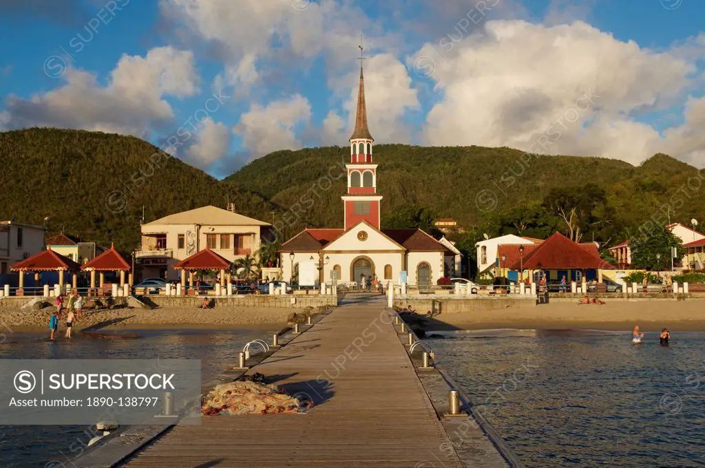 Church and pontoon, Grande Anse, Les Anses d´Arlet, Martinique, Windward Islands, French Overseas Department, West Indies, Caribbean, Central America