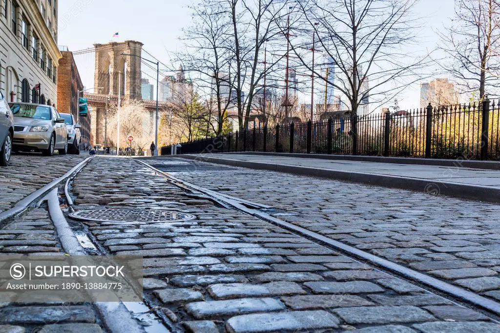 Old rail tracks and cobbled street in Dumbo Historic District, Brooklyn, New York City, United States of America, North America