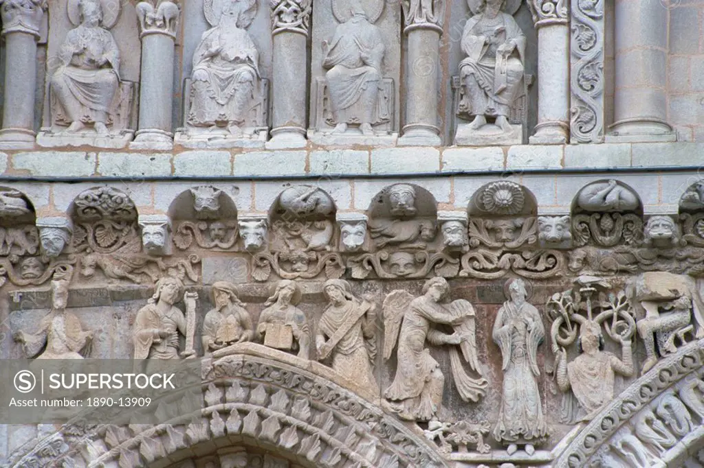 Close_up of sculptures including beasts and angels on the West Front of Eglise Notre Dame la Grande, in Poitiers, Vienne, Poitou Charentes, France, Eu...