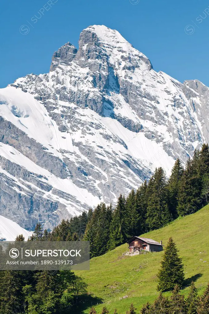 Jungfrau massif and Swiss chalet near Murren, Jungfrau Region, Switzerland, Europe