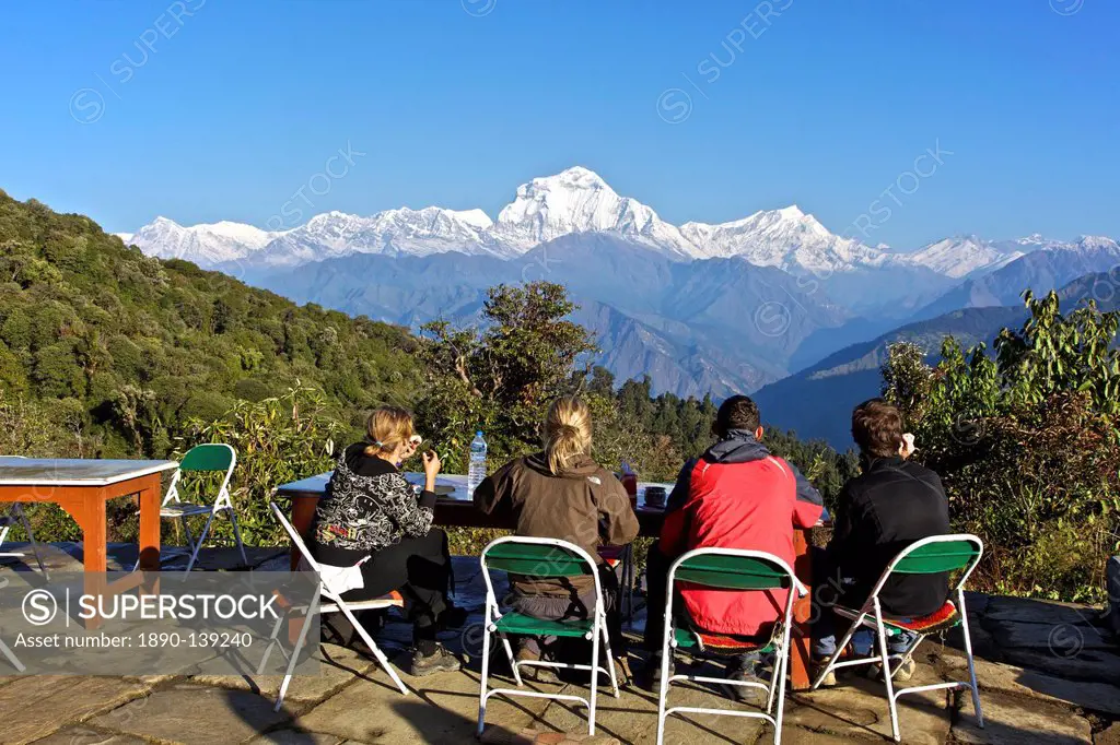 Trekkers enjoying al fresco breakfast in teahouse in Ghorepani, Annapurna Sanctuary Region, Himalayas, Nepal, Asia