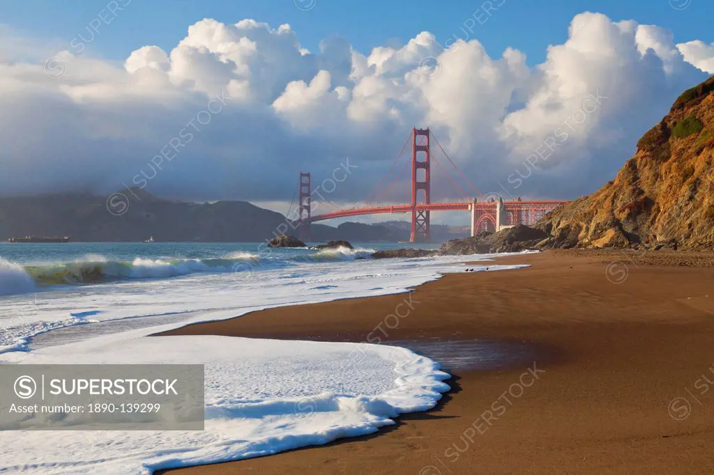 The Golden Gate Bridge, linking the city of San Francisco with Marin County, taken from Baker Beach, San Francisco, California, United States of Ameri...