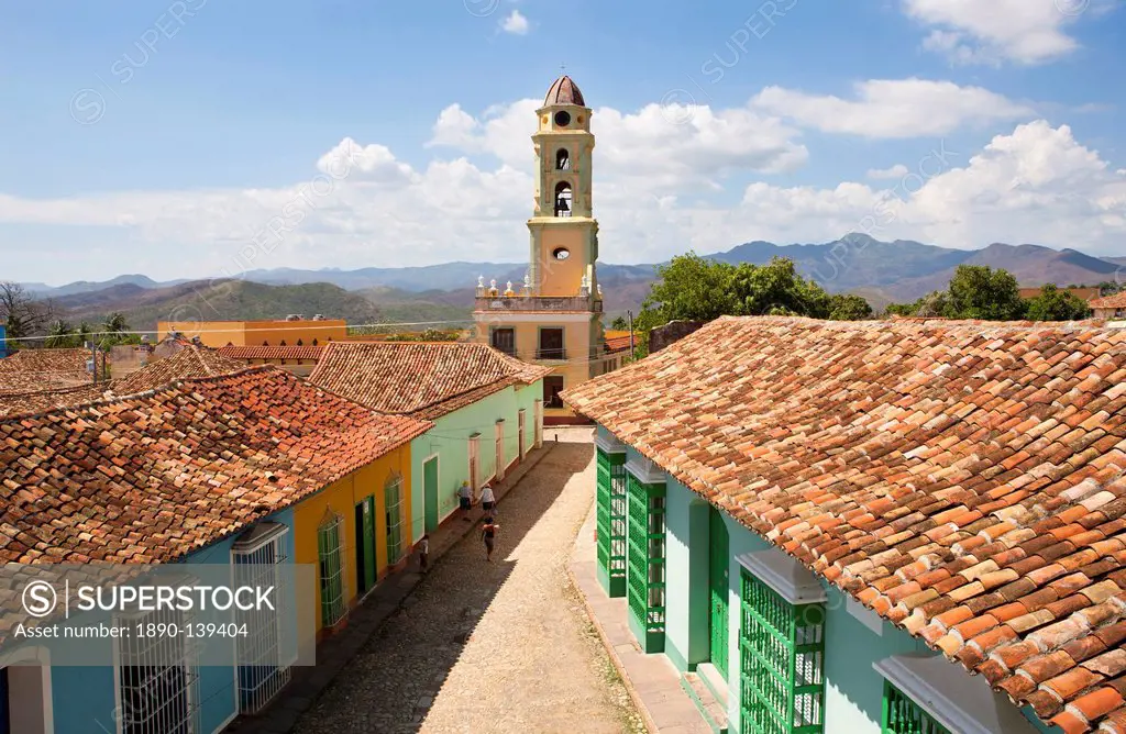 View from the balcony of the Museo Romantico towards the tower of Iglesia y Convento de San Francisco, Trinidad, UNESCO World Heritage Site, Cuba, Wes...