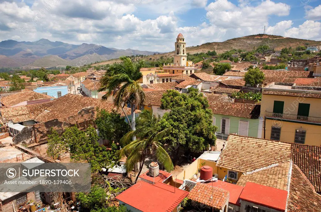 View over town´s rooftops and the tower of Iglesia y Convento de San Francisco, Trinidad, UNESCO World Heritage Site, Cuba, West Indies, Central Ameri...