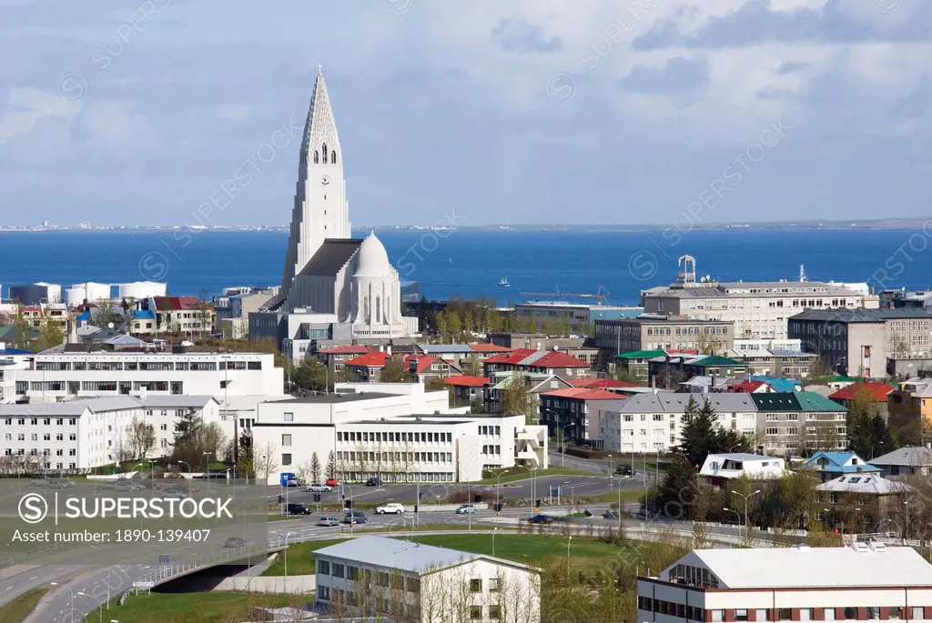 View of central Reykjavik from Perlan showing the modern church of Hallgrimskirkja, Reykjavik, Iceland, Polar Regions