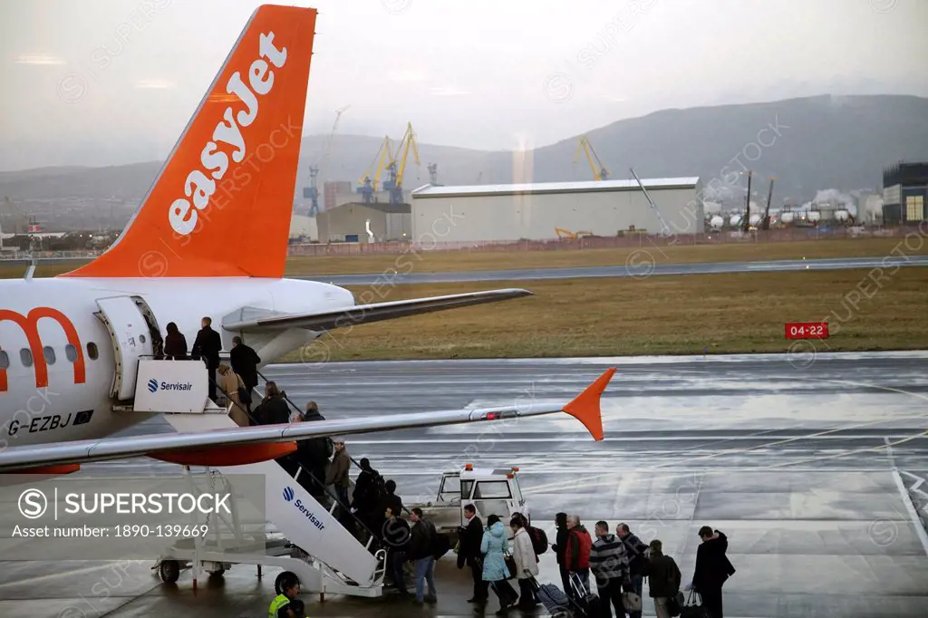 Easyjet passengers boarding at Belfast City airport, Belfast, Ulster, Northern Ireland, United Kingdom, Europe