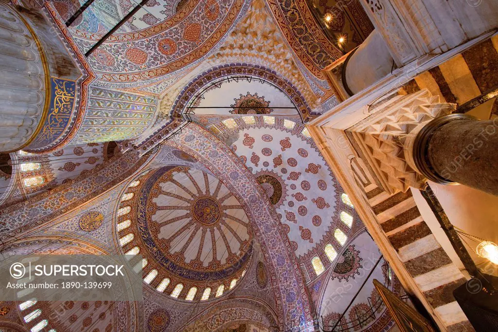 Interior of the Blue Mosque built by Sultan Ahmet I in 1609, designed by architect Mehmet Aga, Istanbul, Turkey, Europe
