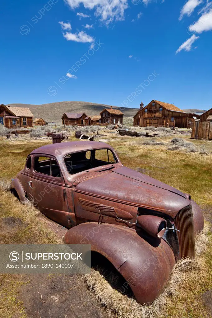 Old rusty American car in the California gold mining ghost town, Bodie State Historic Park, Bridgeport, California, United States of America, North Am...
