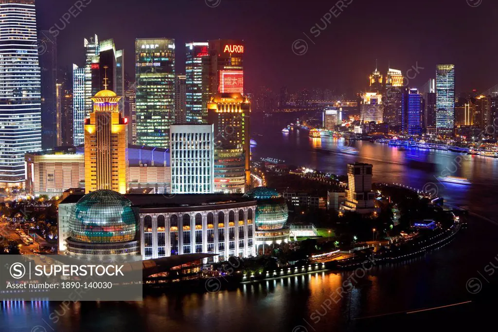 New Pudong skyline, looking across the Huangpu River from the Bund, Shanghai, China, Asia