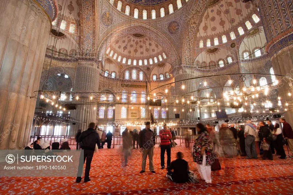 Interior Blue Mosque open for tourists and pilgrim built by Sultan Ahmet I in 1609, designed by architect Mehmet Aga, Istanbul, Turkey, Europe
