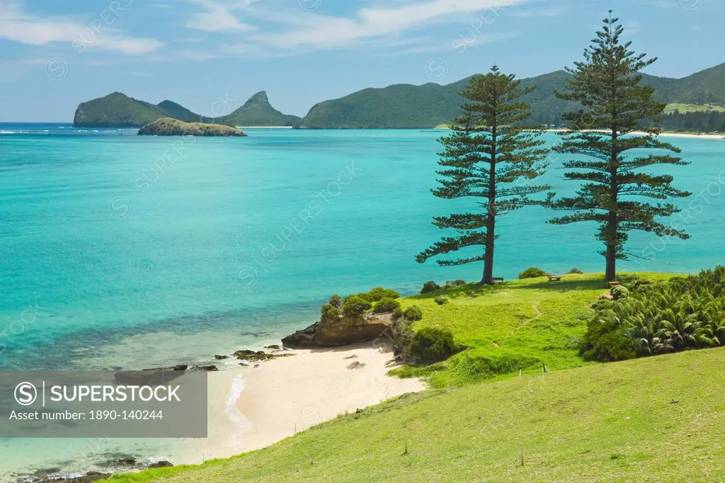 Looking north to Lover´s Bay with two Norfolk Island pines by the lagoon with the world´s most southerly coral reef, on this 10km long ancient volcani...
