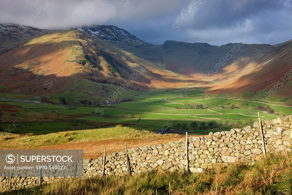 Morning sunlight in the Mickleden Valley and on the Langdale Fell, Lake District National Park, Cumbria, England, United Kingdom, Europe