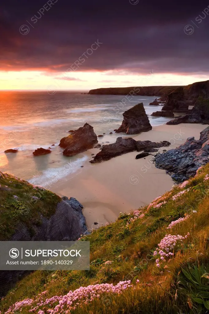 Sunset over Bedruthan Steps in spring, North Cornwall, England, United Kingdom, Europe