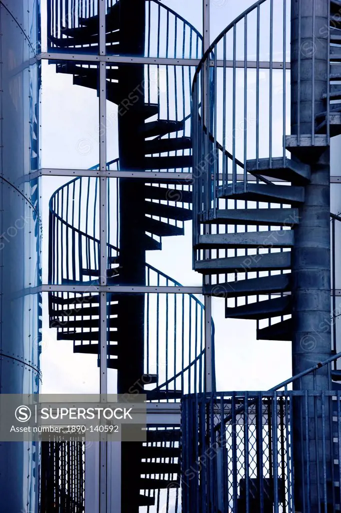 Spiral staircase and its reflection outside Perlan, a modern building housing the Saga Museum, Reykjavik, Iceland, Polar Regions