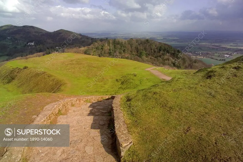 View from Hereford Beacon known as British Camp, site of ancient earthwork, Malvern Hills, Worcestershire, Midlands, England, United Kingdom, Europe